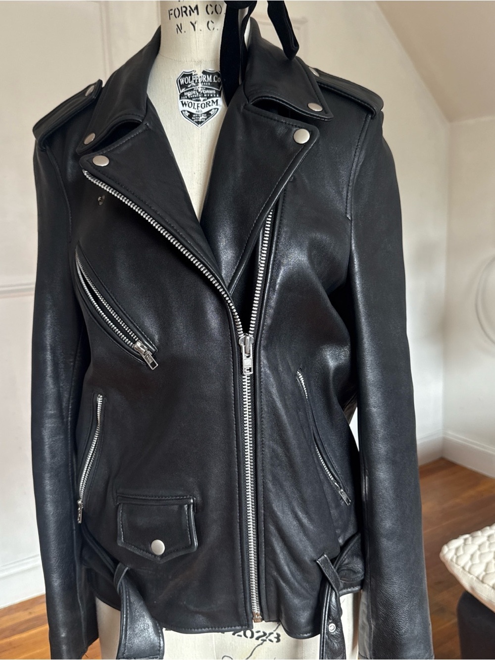 Studio Black Leather Moto Jacket with Silver Zippers
